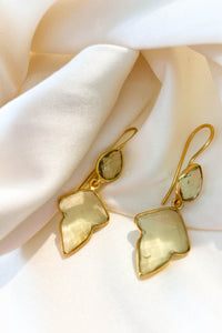 Teardrop Leaf Lemon Quartz Earrings Gold